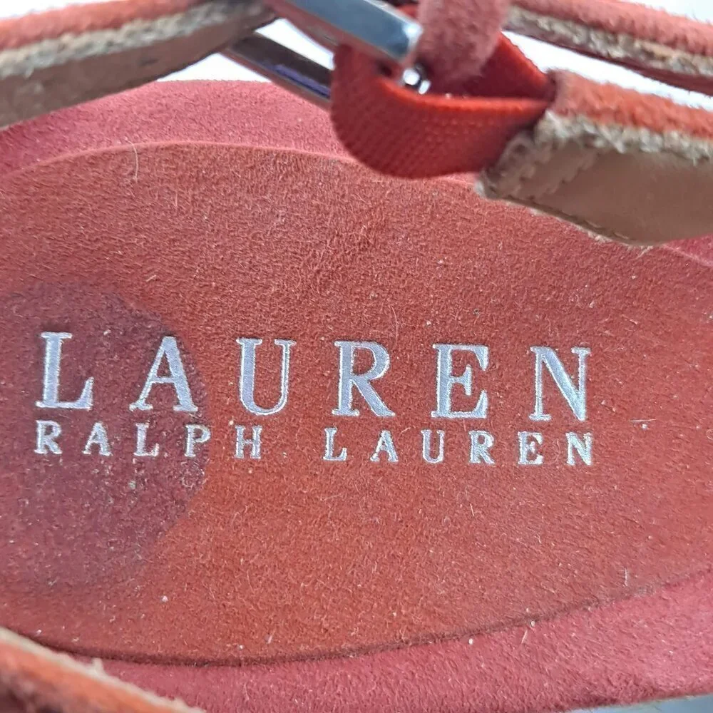 Lauren Ralph Lauren Susy Size 8.5B Orange Suede Slingback Wedge Espadrille Heels